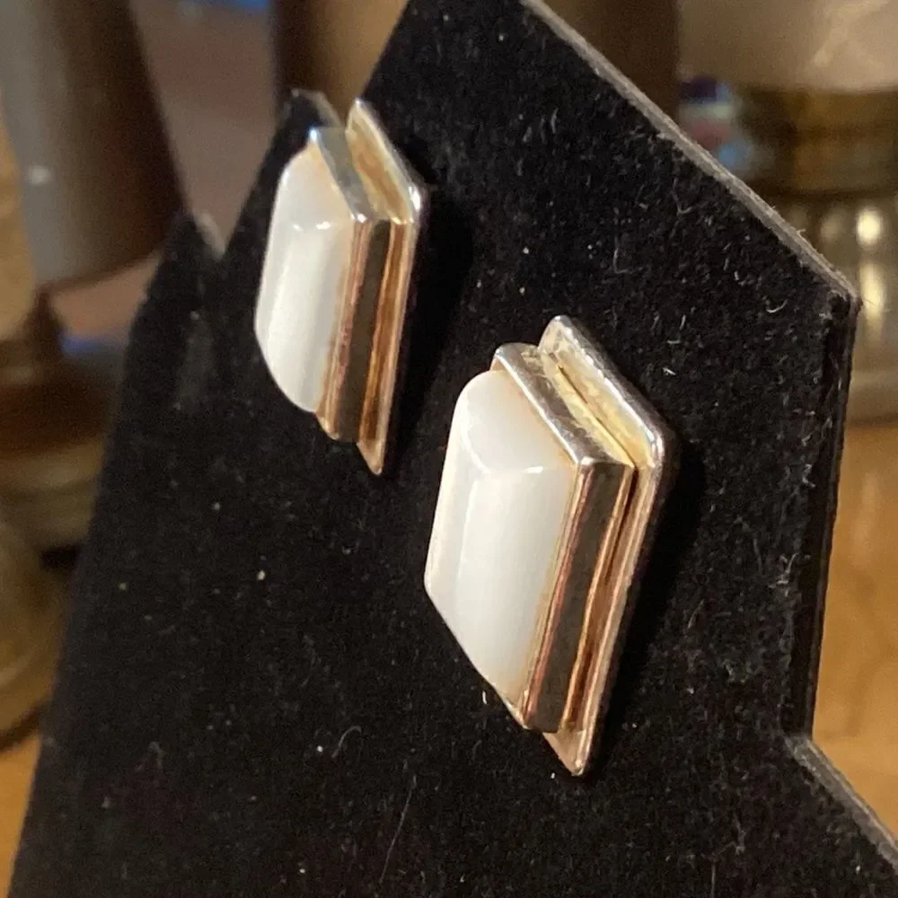 White Mother of Pearl Goldtone Bezel Set Square Earrings